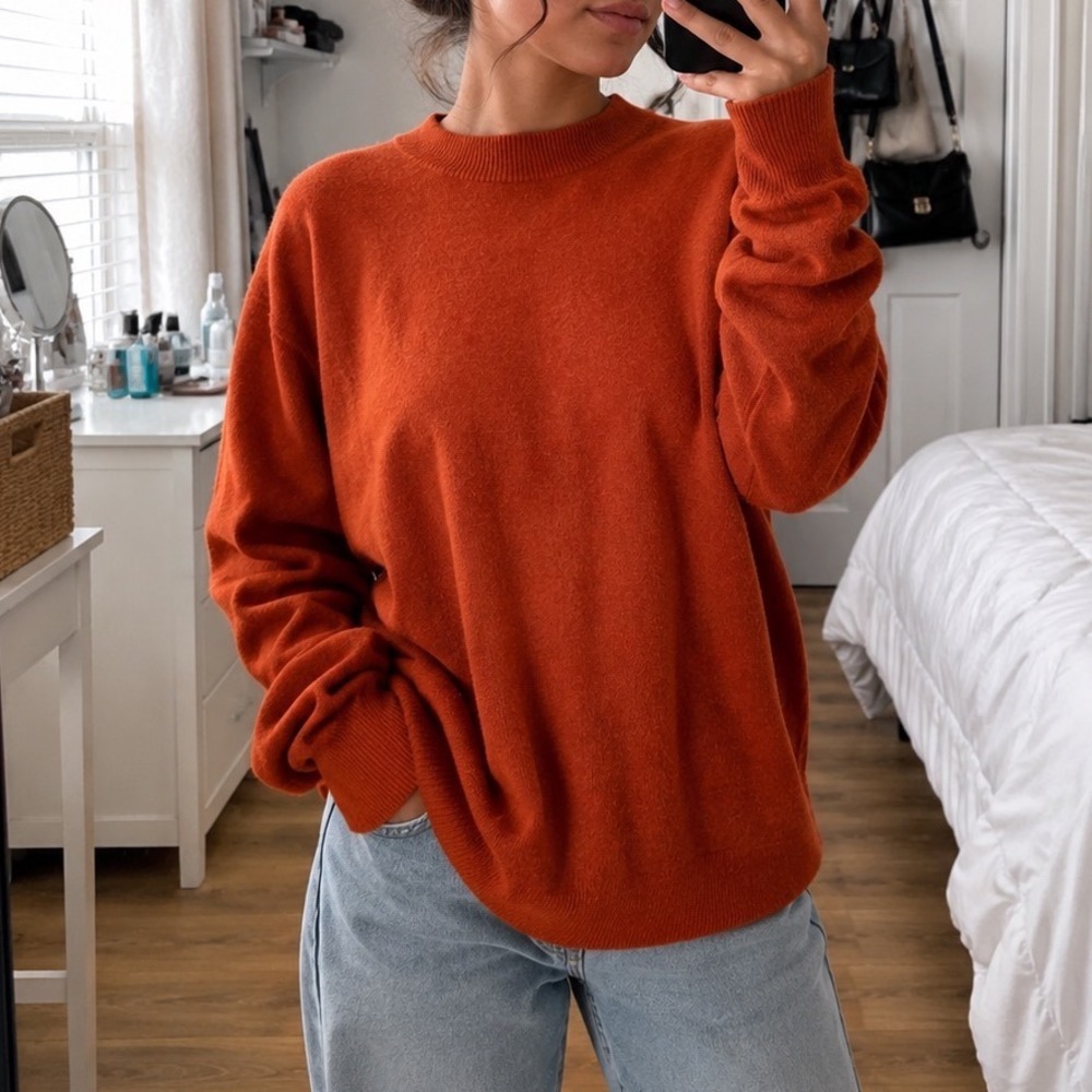 Quince Burnt Orange 100% Cashmere Mock Neck Long Sleeve Sweater XL autumn